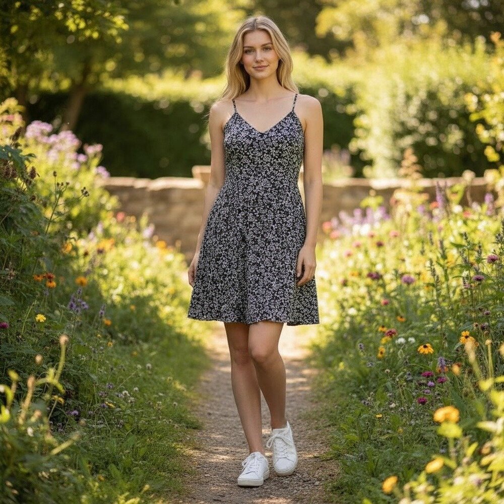 Nine Britton Womens Floral Print Sleeveless Sundress Navy & White Size 2X